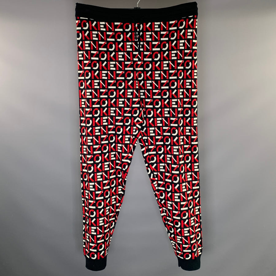 KENZO Size XL Black Red & White Monogram Cotton &  Nylon Sweatpants Casual Pants