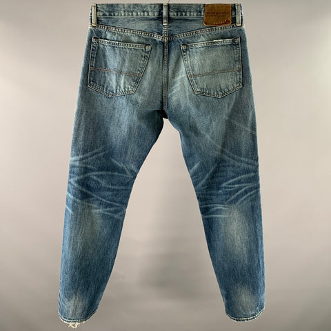 RALPH LAUREN Size 36 Blue Distressed Cotton Straight Jeans