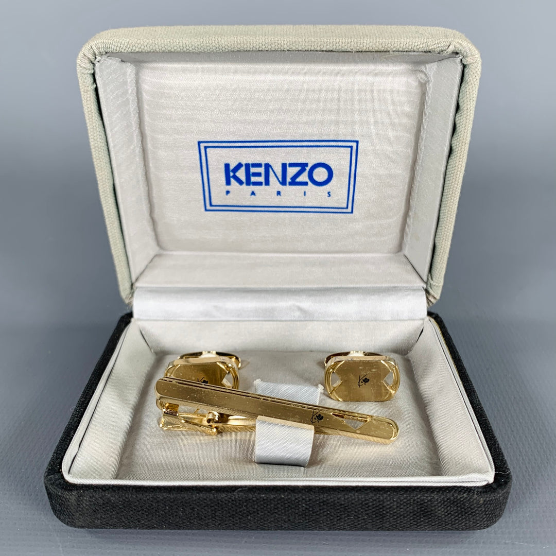 KENZO Gold Metal Monogram Cuff Links Tie Clip Set