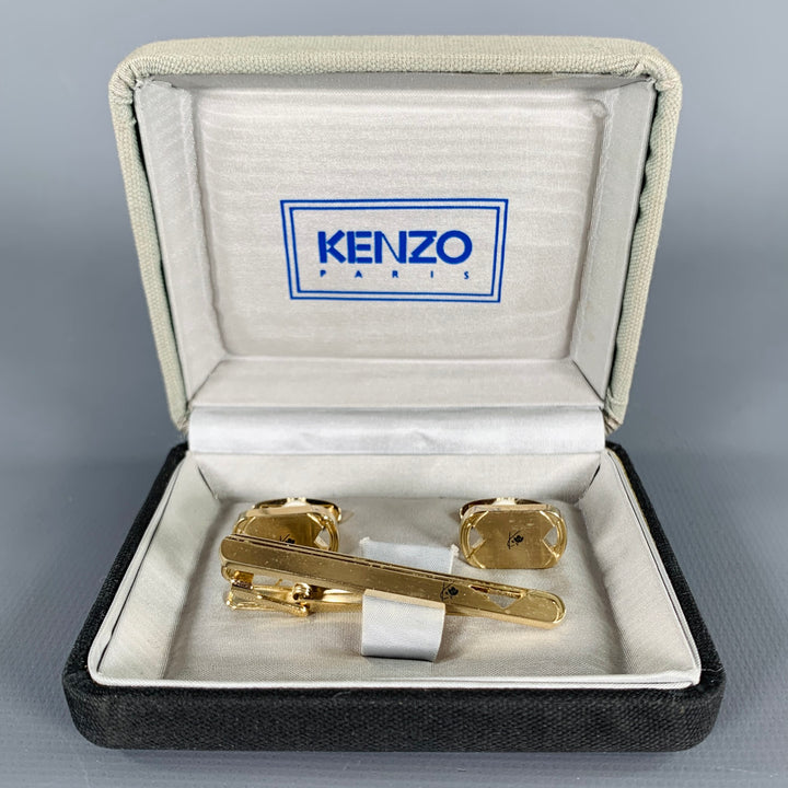 KENZO Gold Metal Monogram Cuff Links Tie Clip Set
