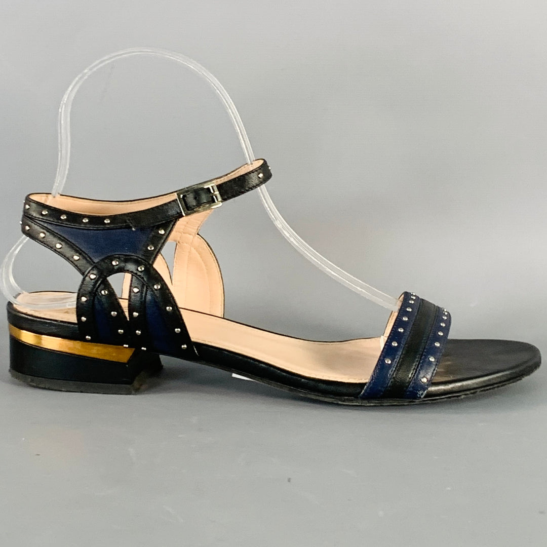 LANVIN Size 8.5 Navy Black Leather Studded Ankle Strap Sandals