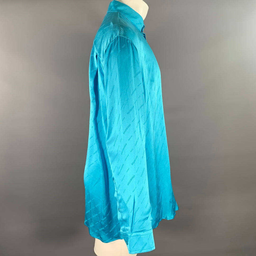 BALENCIAGA Size M Blue Aqua Monogram Silk Button Down Long Sleeve Shirt