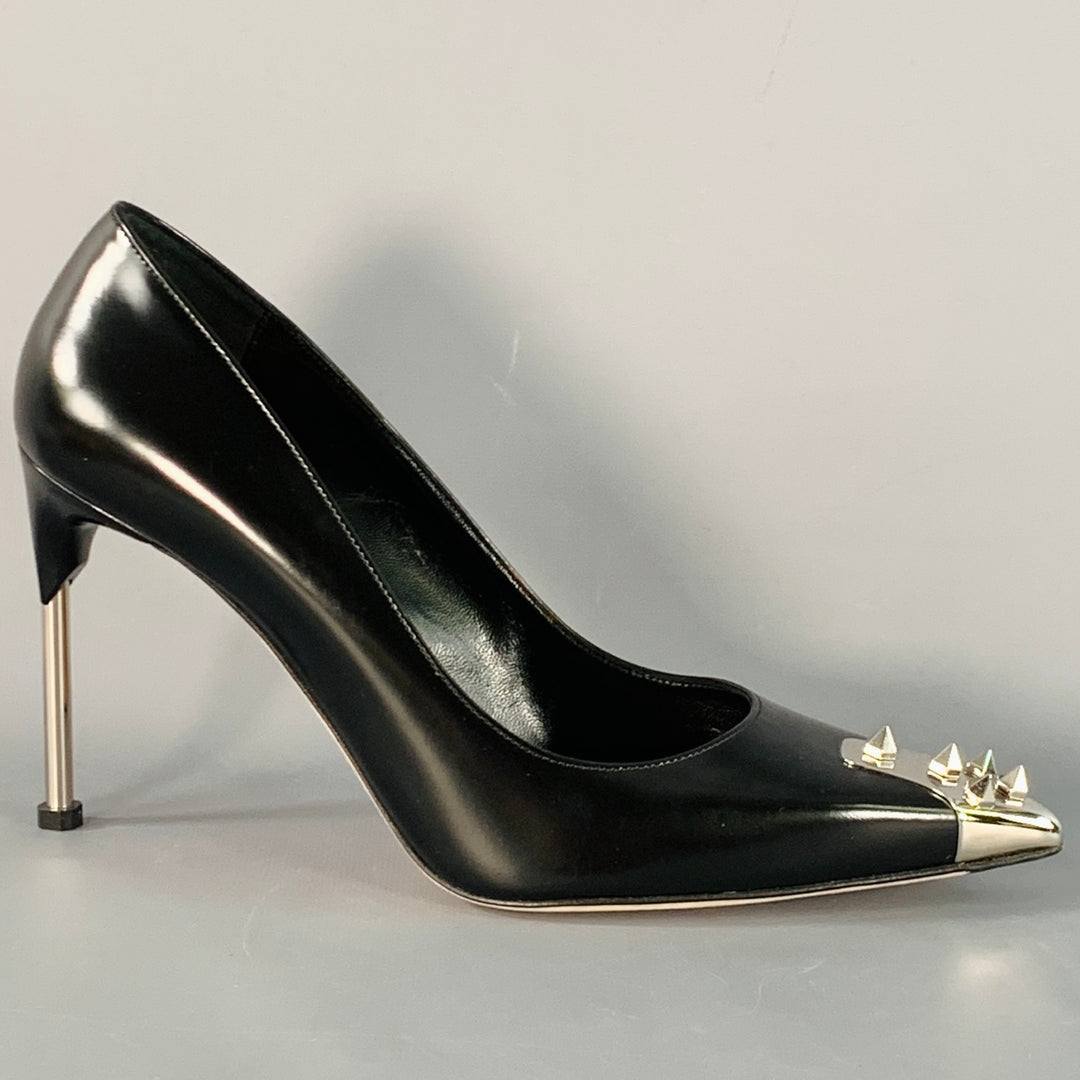 ALEXANDER MCQUEEN Size 9.5 Black Silver Spikes Leather Stiletto Heels Pumps