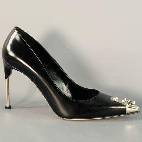 ALEXANDER MCQUEEN Size 9.5 Black Silver Spikes Leather Stiletto Heels Pumps
