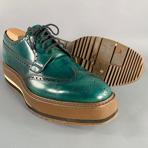 PRADA Size 6.5 Green Brown Wingtip Leather Platform Lace-Up Shoes