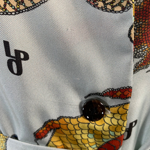 LA PRESTIC OUISTON Size S Blue Multi Color Silk Dragons Belted Shirt Dress