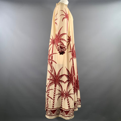 LA DOUBLEJ Size M Cream Burgundy Silk Palm Tree Maxi Long Dress