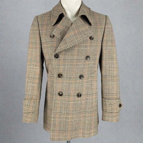 GUCCI Size 40 Tan Black Beige Plaid Wool Double Breasted Coat