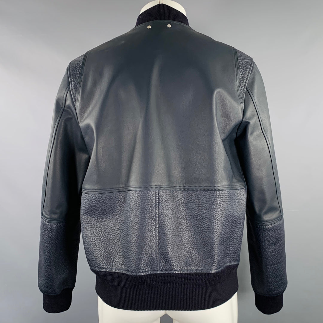 LOUIS VUITTON Size 40 Navy Textured Bull Leather Zip Up Blouson Jacket