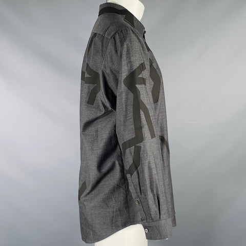 WOOYOUNGMI Size M Grey Black Graphic Cotton Button Up Long Sleeve Shirt