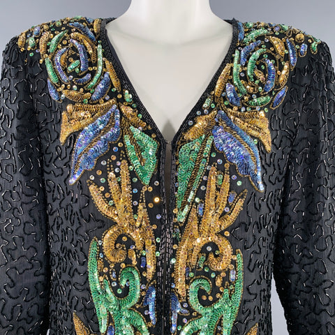 ZENITH FASHIONS Size M Black Multi Color Silk Sequined Jacket Blazer