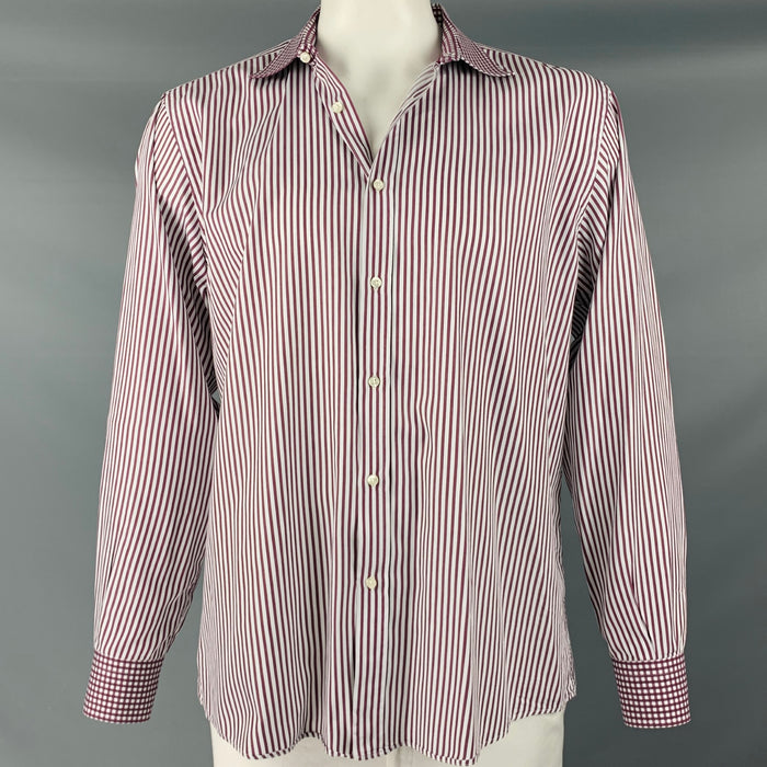 ETRO Size XL White Brown Stripe Cotton Button Up Long Sleeve Shirt