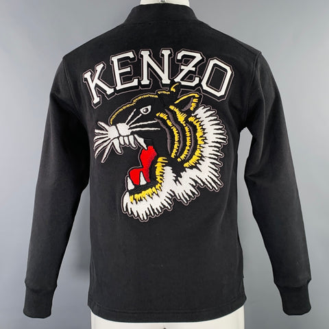 KENZO Size XS Black Multi Color Tiger Embroidery Cotton Blend Varsity Cardigan