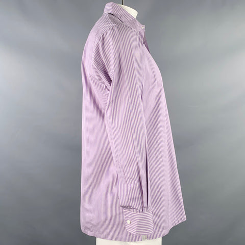 CHARVET Size L White Lavender Stripe Cotton Curved Cutaway Long Sleeve Shirt