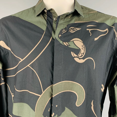 VALENTINO Size XL Black Green Print Cotton Button Up PANTER Long Sleeve Shirt