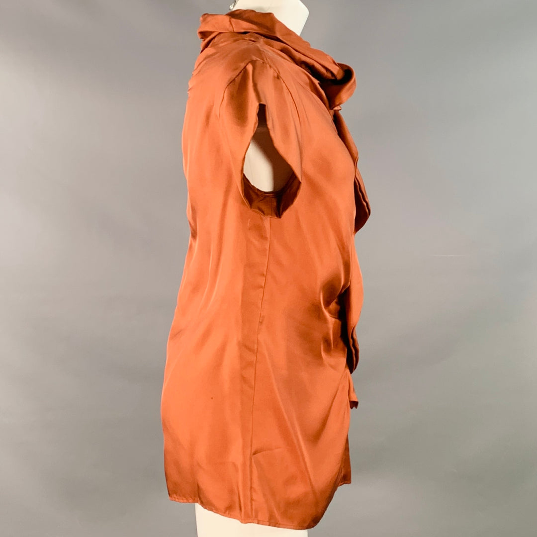 HUGO BOSS Size 4 Brown Copper Silk Ruffled Short Sleeve Blouse