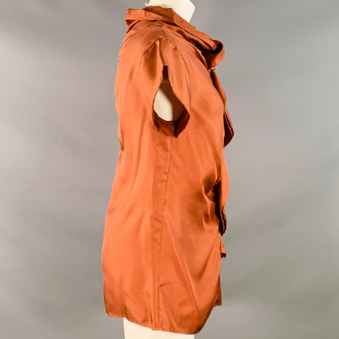 HUGO BOSS Size 4 Brown Copper Silk Ruffled Short Sleeve Blouse