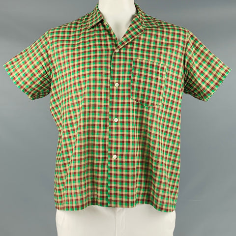 BODE Size L/XL Green Beige Red Checkered Cotton One Pocket Short Sleeve Shirt