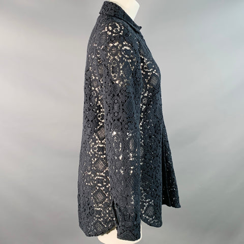 SEZANE Size 4 Black Cotton Blend Lace Spread Collar Hidden Buttons Shirt