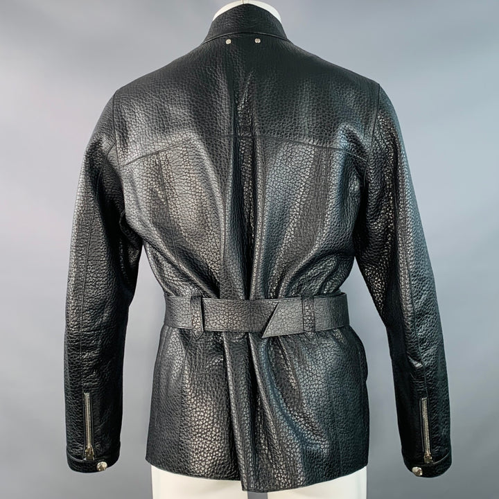 LOUIS VUITTON Size S Black Pebble Grain Bullhide Leather Zip Snaps Belted Jacket