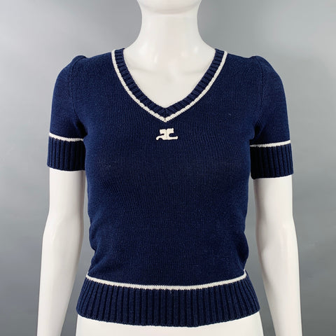 COURREGES Size 0 Navy White Cotton Blend Knit V-Neck Casual Top