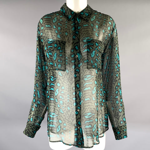 EQUIPMENT Size M Green Teal Silk Leopard Blouse