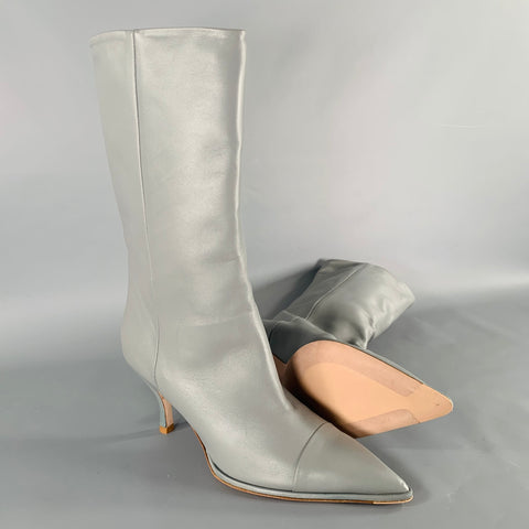 SANIA D'MINA Size 10 Grey Leather Kitten Heel Boots