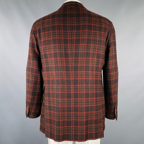 KITON Size 48 Burgundy Black Plaid Cashmere Silk Sport Coat