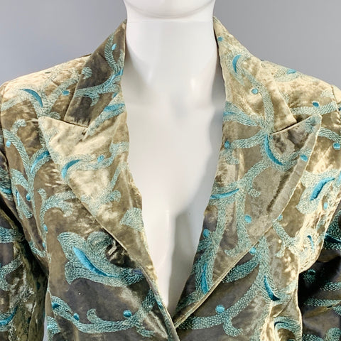 FAVOURBROOK Size 8 Blue Olive Velvet Jacquard Peak Lapel Coat