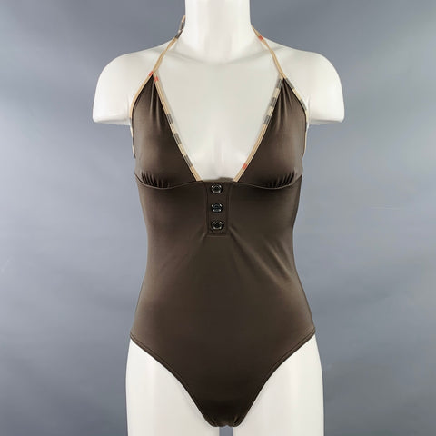 BURBERRY BRIT Size S Brown Beige Polyamide Blend Contrast Trim Swimsuit
