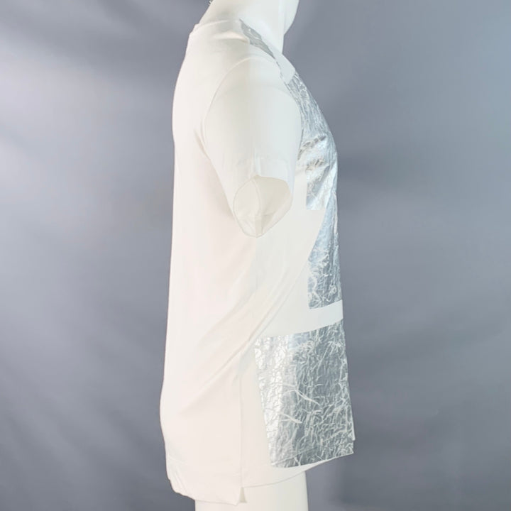 HELMUT LANG Size S White Silver Distressed Graphic Cotton Blend Crew Neck T-shirt