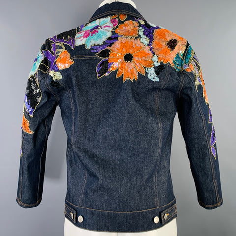 DRIES VAN NOTEN Size S Navy Multi Color Sequined Cotton Jacket