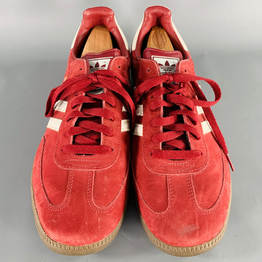 ADIDAS Size 10.5 Red White Stripe Suede Low Top Sneakers Sui Generis Designer Consignment ADIDAS Size 10.5 Red White Stripe Suede Low Top Sneakers Sui Generis Designer Consignment