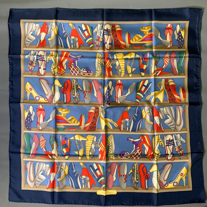 SALVATORE FERRAGAMO Blue Red Shoes Silk Scarves