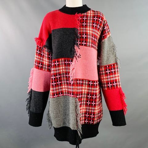 MSGM Size S Pink Multi Color Wool Blend Patchwork Crew Neck Sweater