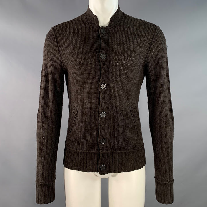 JOHN VARVATOS Size M Brown Waffle Knit Linen Collarless Cardigan