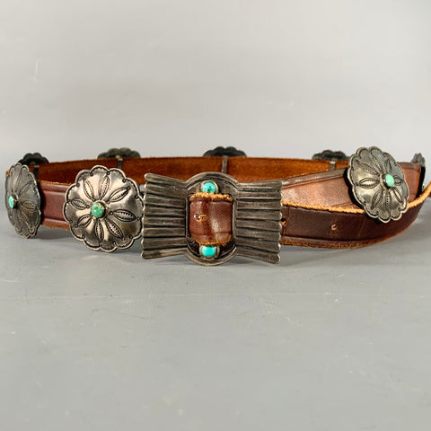 Ceinture Vintage Taille M Marron Argent Cuir Métal Turquoise Concho