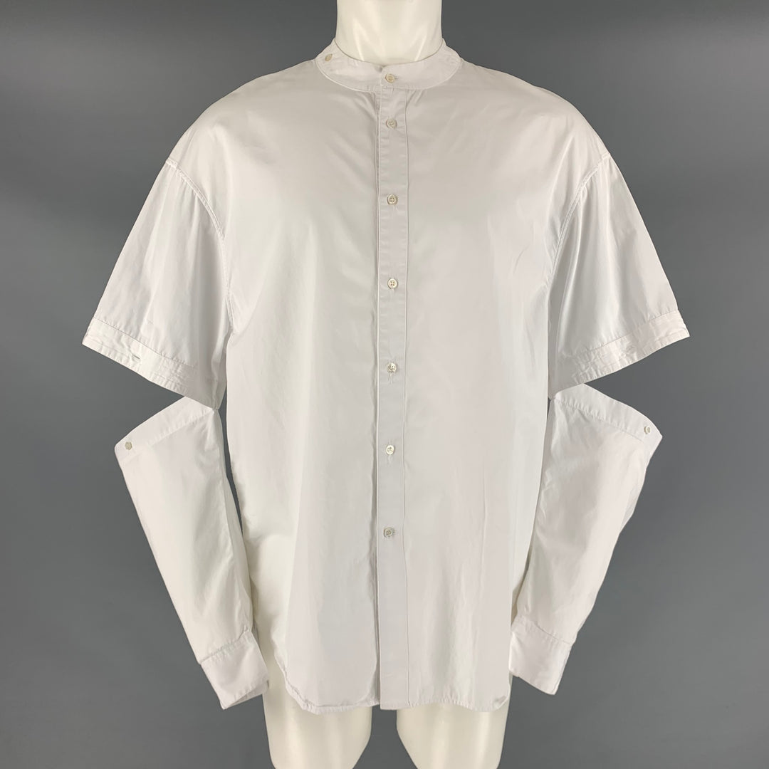 HUSSEIN CHALAYAN Size S White Solid Cotton Nehru Collar Long Sleeve Shirt