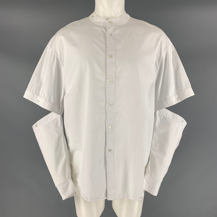HUSSEIN CHALAYAN Size S White Solid Cotton Nehru Collar Long Sleeve Shirt
