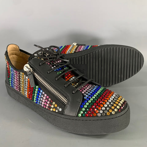 GIUSEPPE ZANOTTI Size 13 Black Multi Color Studded Mixed Fabrics Zip Sneakers