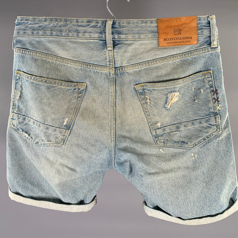 SCOTCH AND SODA Size 32 Blue Distressed Cotton Button Fly Shorts