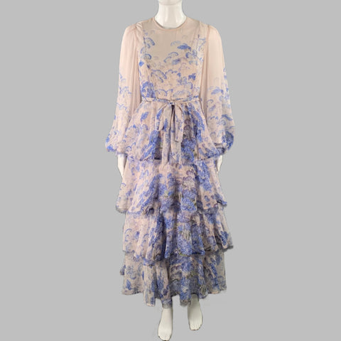 ZIMMERMANN Size S Blue Lilac Cotton Silk Floral Tiered Long Sleeve Dre – Sui Generis Designer Consignment