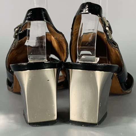 MARNI Size 8 Black Silver Patent Leather Chunky Heel Sandals