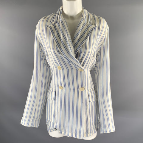 DRIES VAN NOTEN Size S White Light Blue Silk Stripe Peak Lapel Blazer