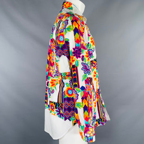 ETRO Size M White Multi-Color Print Cotton Button Up Long Sleeve Shirt
