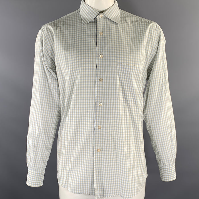 ERMENEGILDO ZEGNA Size XXL White Blue Green Gingham Cotton Cutaway Long Sleeve Shirt