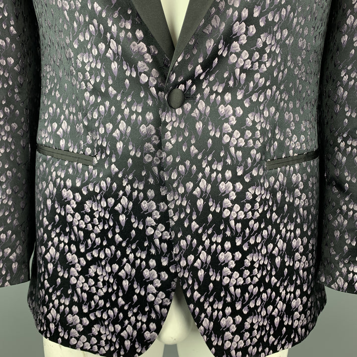 JOHN VARVATOS Size 42 Black & Lavender Floral Jacquard Silk Peak Lapel Sport Coat