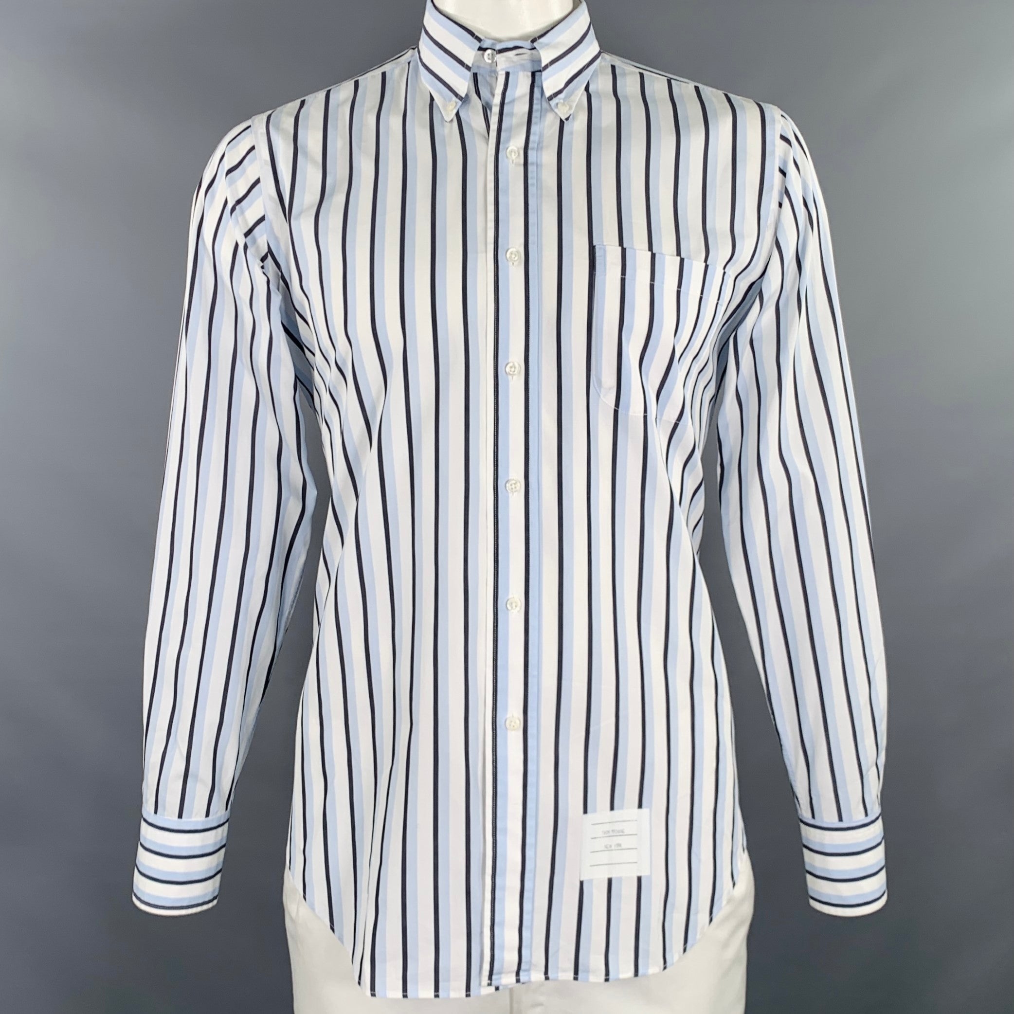 THOM BROWNE Size L White Black Blue Stripe Cotton One Pocket