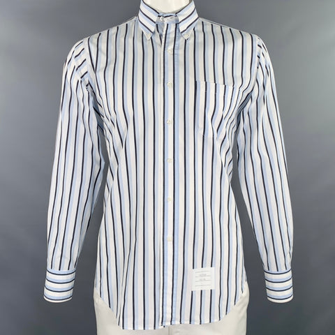 THOM BROWNE Size L White Black Blue Stripe Cotton One Pocket Long Sleeve Shirt