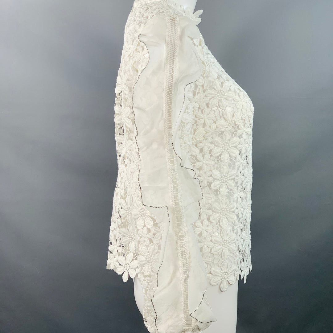 SELF-PORTRAIT Size 6 White Polyester Cotton Floral Crochet Ruffle Blouse